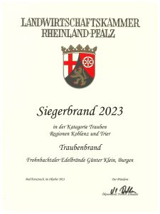 Traubenbrand -Siegerbrand 2023 in der Kategorie "Trauben" - Regionen Koblenz und Trier