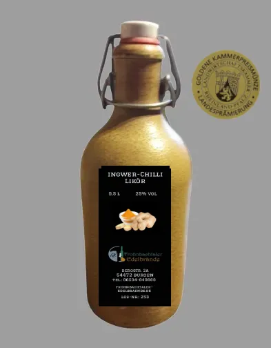 Ingwerlikör mit Chili mit einer leichten, aber angenehmen Schärfe, Goldene Kammerpreismünze
