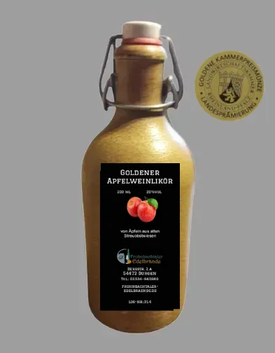 Goldener Apfelweinlikör (Viezlikör) 0,5 l in braunem Bembel mit Schnappverschluss, Goldene Kammerpreismünze