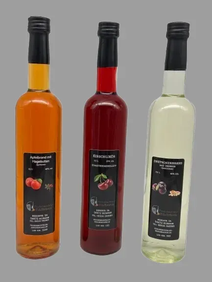 Zwetschenbrand, verfeinert mit Ingwer und Chili, Rarität in Glasflasche 0,5 l