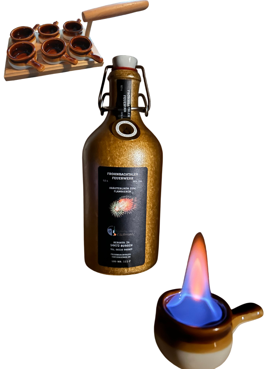 Flasche Frohnbachtaler Feuerwerk mit 6 Flambierpfännen und Servierbrett