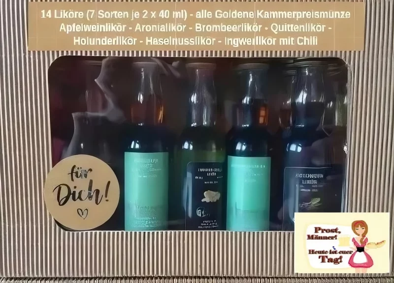 Zum Vatertag für den besten Papa: 14 Liköre je 40 ml in Kropfhalsflasche in Geschenkbox mit Sichtfenster