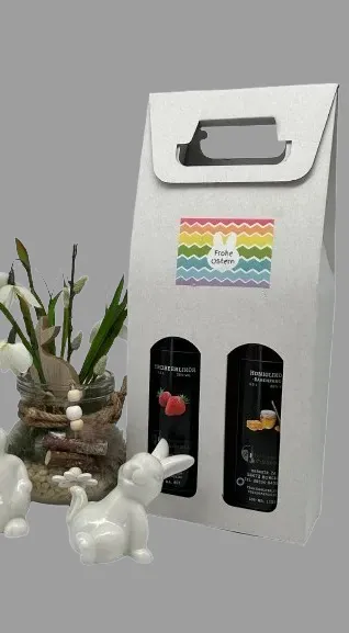Frohe Ostern. 2 Liköre ing Glasflasche +iPräsentbox mit Sichtfenster