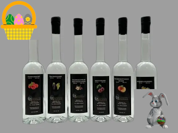 Ostergeschenk: 6 x 200 ml Edelbrände in Schmuckflaschen