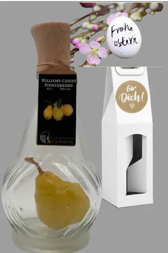 Ostergeschenk: 1 Fl. Williams-Christ mit echter Birne in Glaskaraffe in Geschenkbox mit Sichtfenster Ostergeschenk: 1 Fl. Williams-Christ mit echter Birne in Glaskaraffe in Geschenkbox mit Sichtfenster