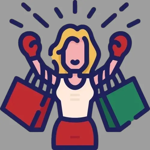 Icon: Käuferin mit 2 Einkaufstaschen in rot und grün