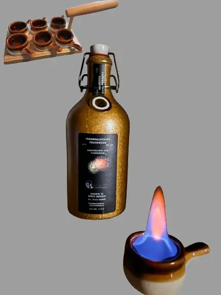 Frohnbachtaler Feuerwerklikör mit satten 56% vol, ideal zum flambieren in braunen Tonkrug