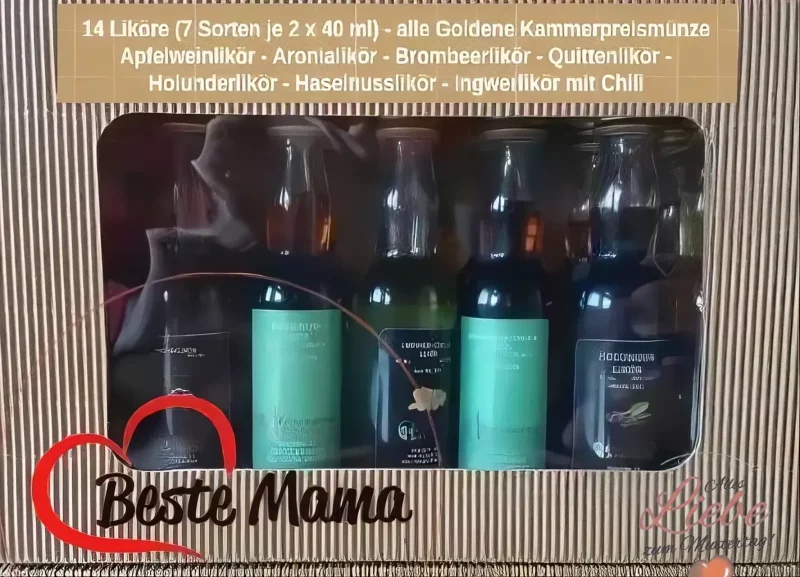 Muttertag: 14 Liköre in Kropfhalsflasche mit je 40 ml in Geschenkbox mit Sichtfenster