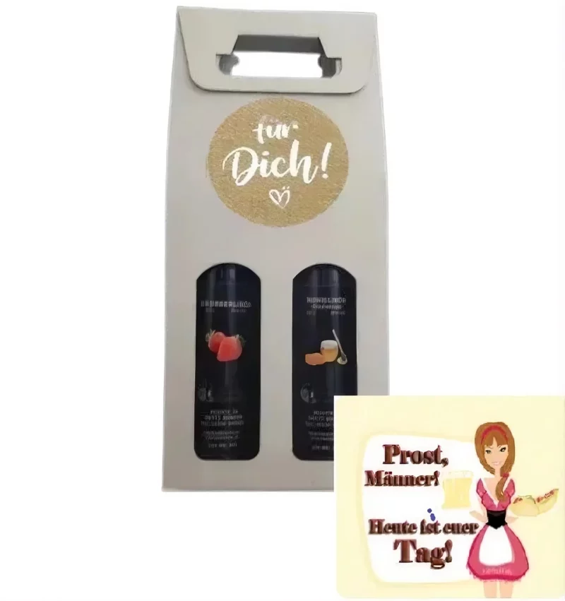 2 Flaschen für Vatertag in Geschenkbox mit Sichtfenster und div. Aufklebern