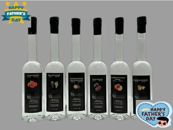 Vatertagsgeschenk: 6 Edelbrände je 200 ml zum genießen in Schmuckflaschen Opera mit Schraubverschlus