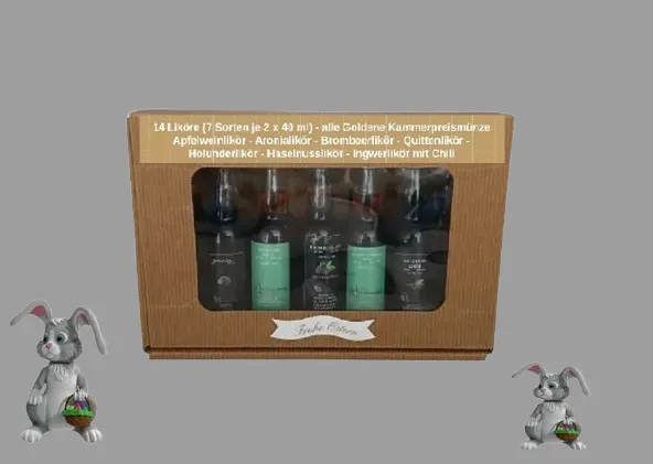 Frohe Ostern. Geschenk vom Osterhasen.14 Flaschen Likör je 40 ml in Box