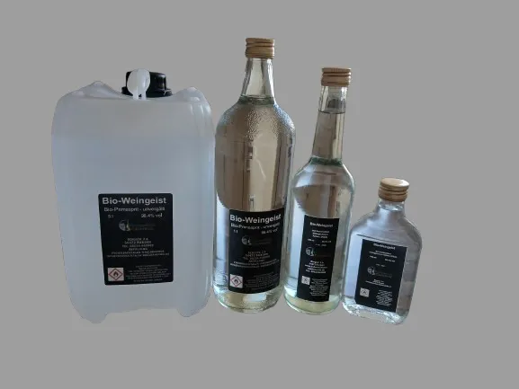 Bioweingeist aus kontrolliert biologischem Anbau in 4 verschiedenen Formaten: 200 ml, 500 ml, 1000 ml, 5000 ml