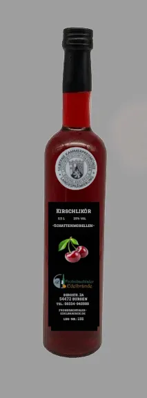 Kirschlikör 0,5 l in Bordeauxglasflasche mit Schraubverschluss, silberne Kammerpreismünze