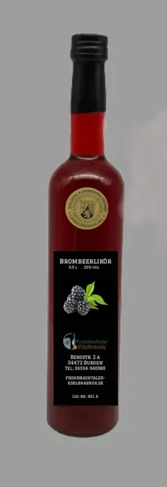 Brombeerlikör 0,5 l in Bordeauxflasche, von heimischen Wildbrombeeren, mit Gold prämiert